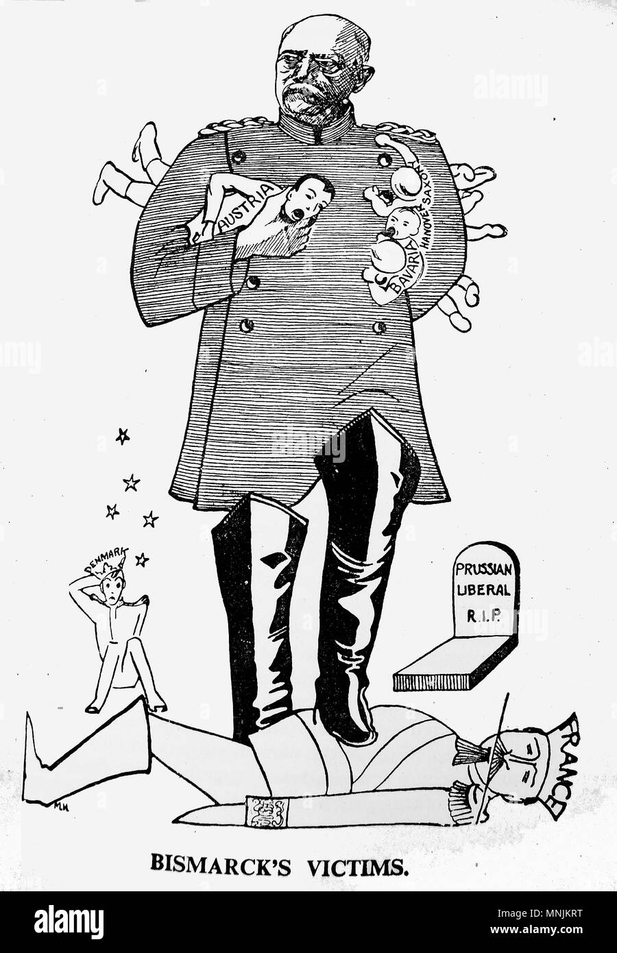Otto von Bismarck (Otto Eduard Leopold Fürst von Bismarck, Herzog von Lauenburg) 1815-1898, in einer britischen politischen Karikatur - Bismarck Verstärkung auf Frankreich und greifen die Babys von Österreich, Sachsen, Bayern und & Hannover. Er war ein Rechtsanwalt durch Handel & der erste Kanzler des Deutschen Reiches Stockfoto