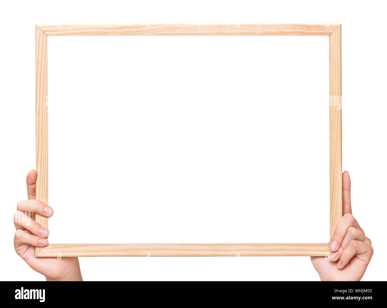 Weibliche Hände halten Whiteboard mit leeren Raum für Text. Stockfoto