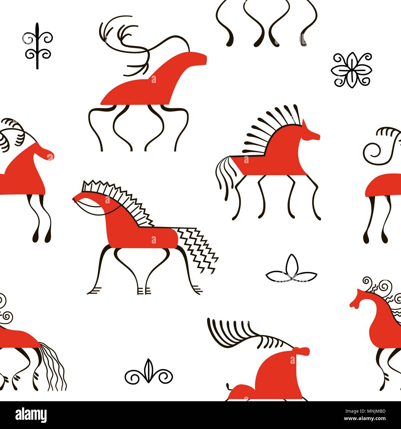 Sechs roten Pferde nahtlose Muster. Die nationalen skandinavischen Malerei. Folk Kunsthandwerk. Bezaubernden ursprünglichen Verzierungen. Einfachheit. Stock Vektor