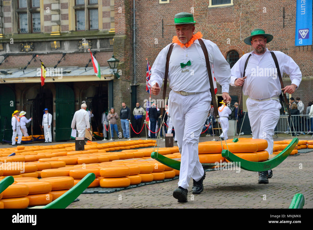 Die unterhaltsame Käsemarkt findet auf dem Waagplein in Alkmaar, Holland jede Woche im Frühjahr und im Sommer. Stockfoto