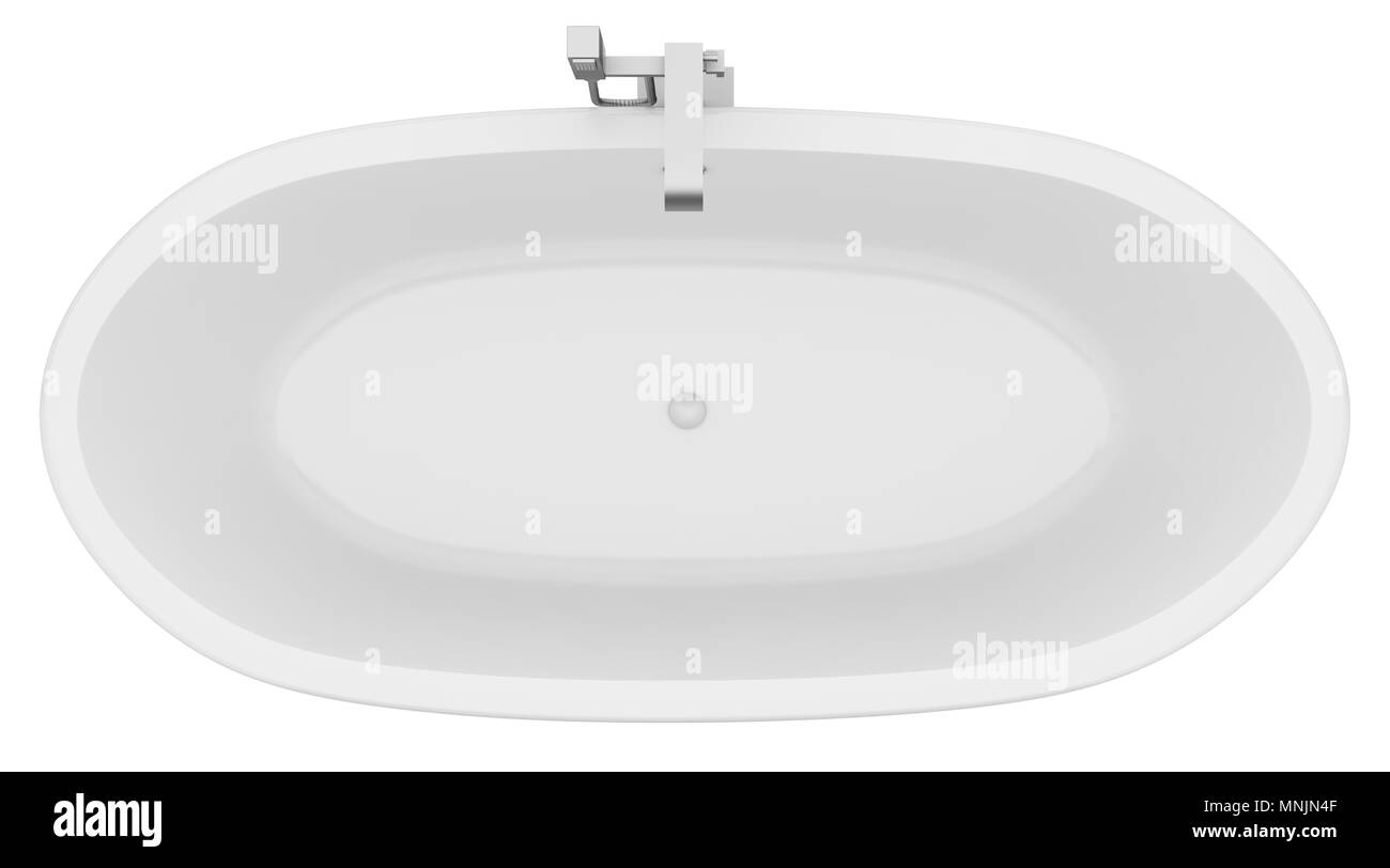 Blick von oben auf die moderne Badewanne auf weißem Hintergrund. 3D-Darstellung Stockfoto