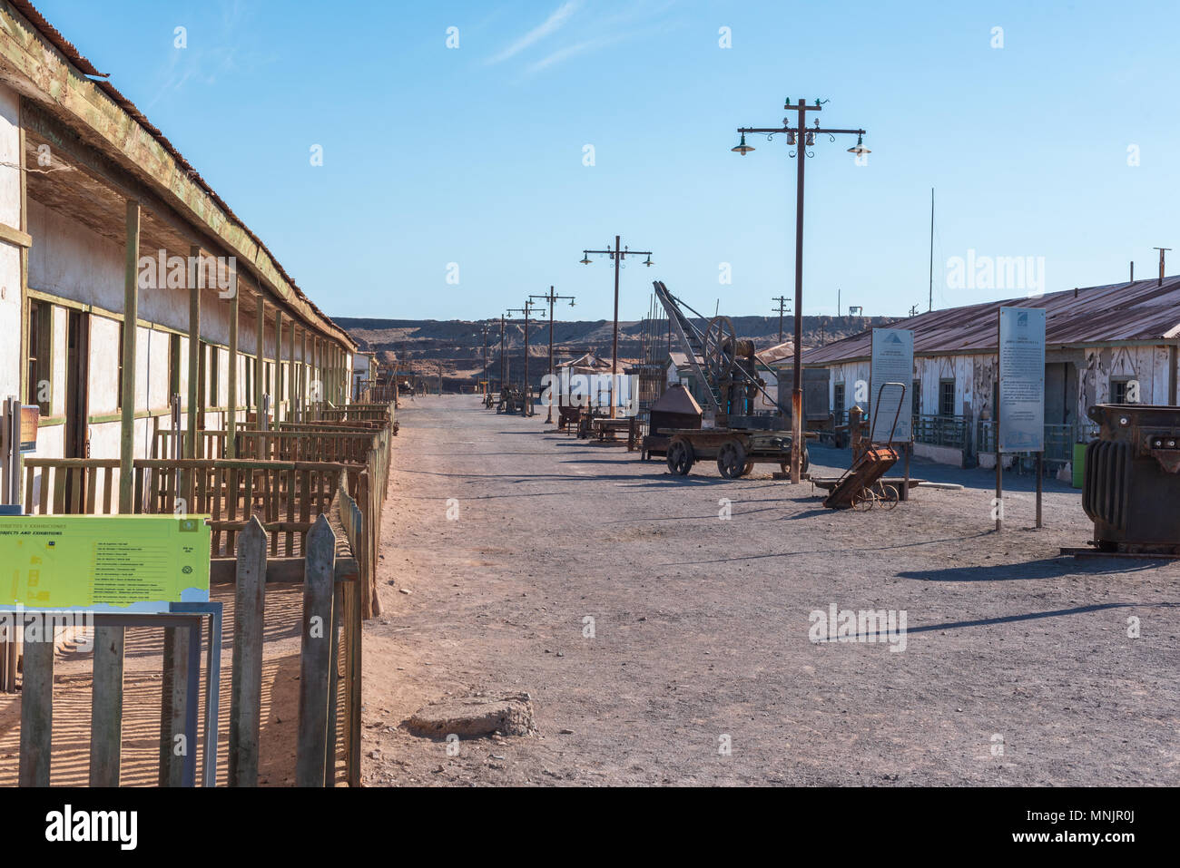 Humberstone, Chile - April 9, 2018. Humberstone, Chile, eine verlassene Minenstadt, jetzt als Museum Ghost Town erhalten. Stockfoto