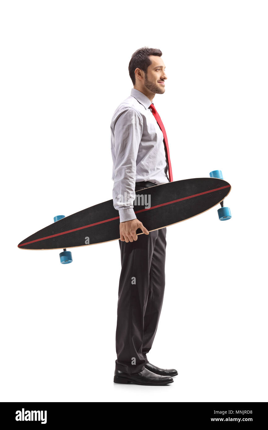 Volle Länge Profil Schuss ein Geschäftsmann mit einem Longboard in Linie auf weißem Hintergrund warten Stockfoto