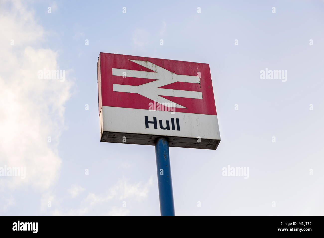 Rumpf Bahnhof Zeichen an Paragon Interchange, Kingston Upon Hull, England, Großbritannien Stockfoto