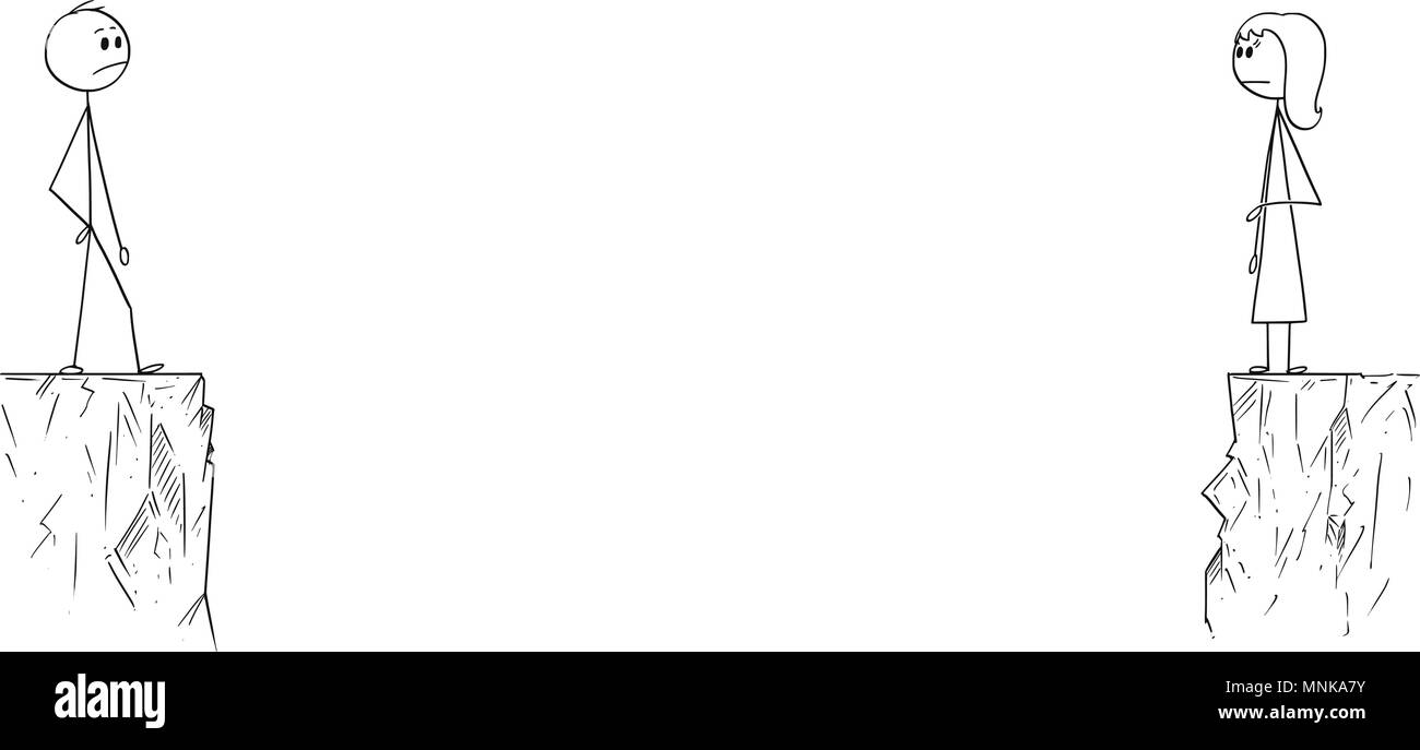 Cartoon von Mann und Frau geteilt durch den tiefen Abgrund, sich einander aus der Ferne Stock Vektor