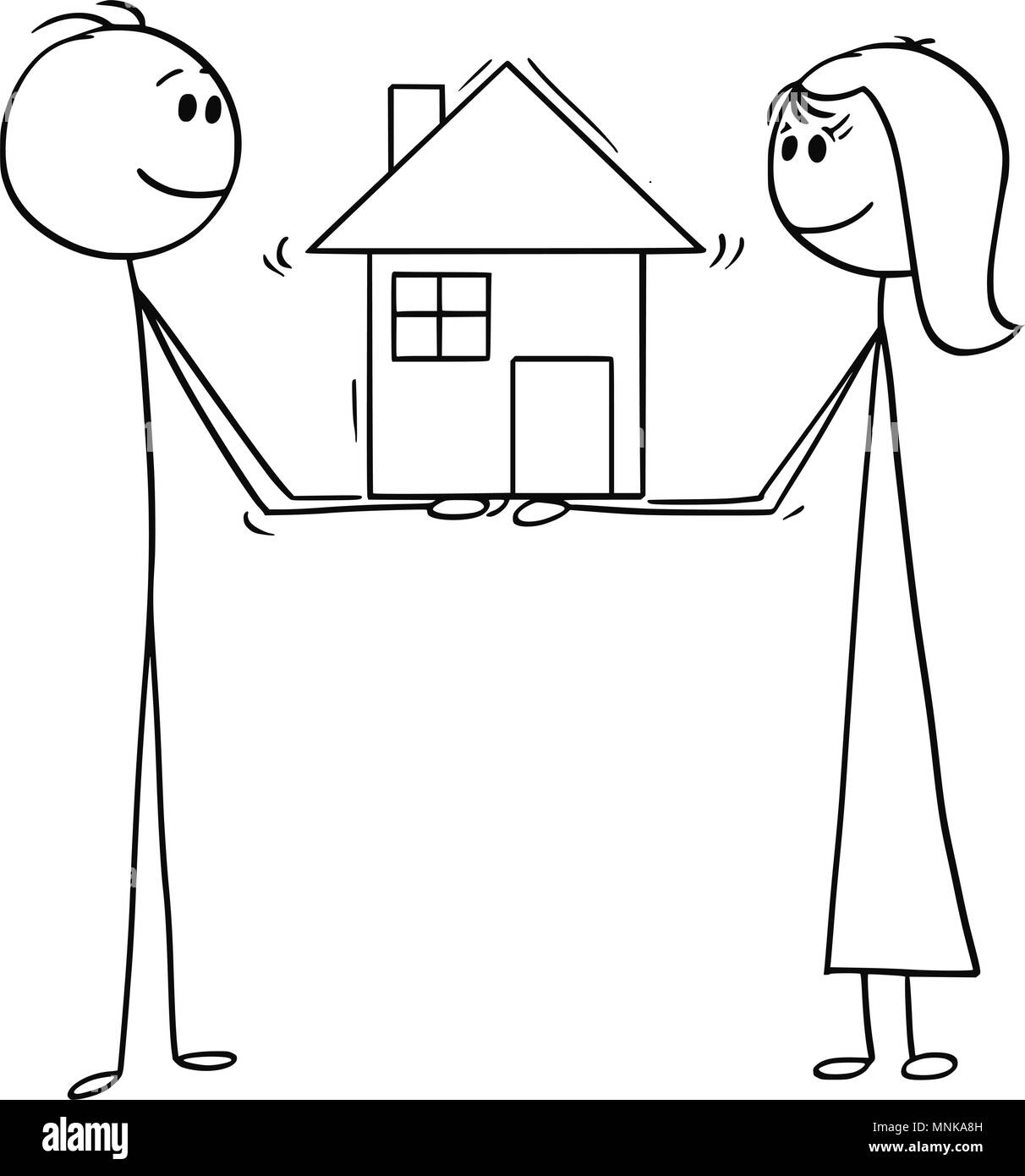 Cartoon von Mann und Frau mit Familie Haus der Träume Stock Vektor