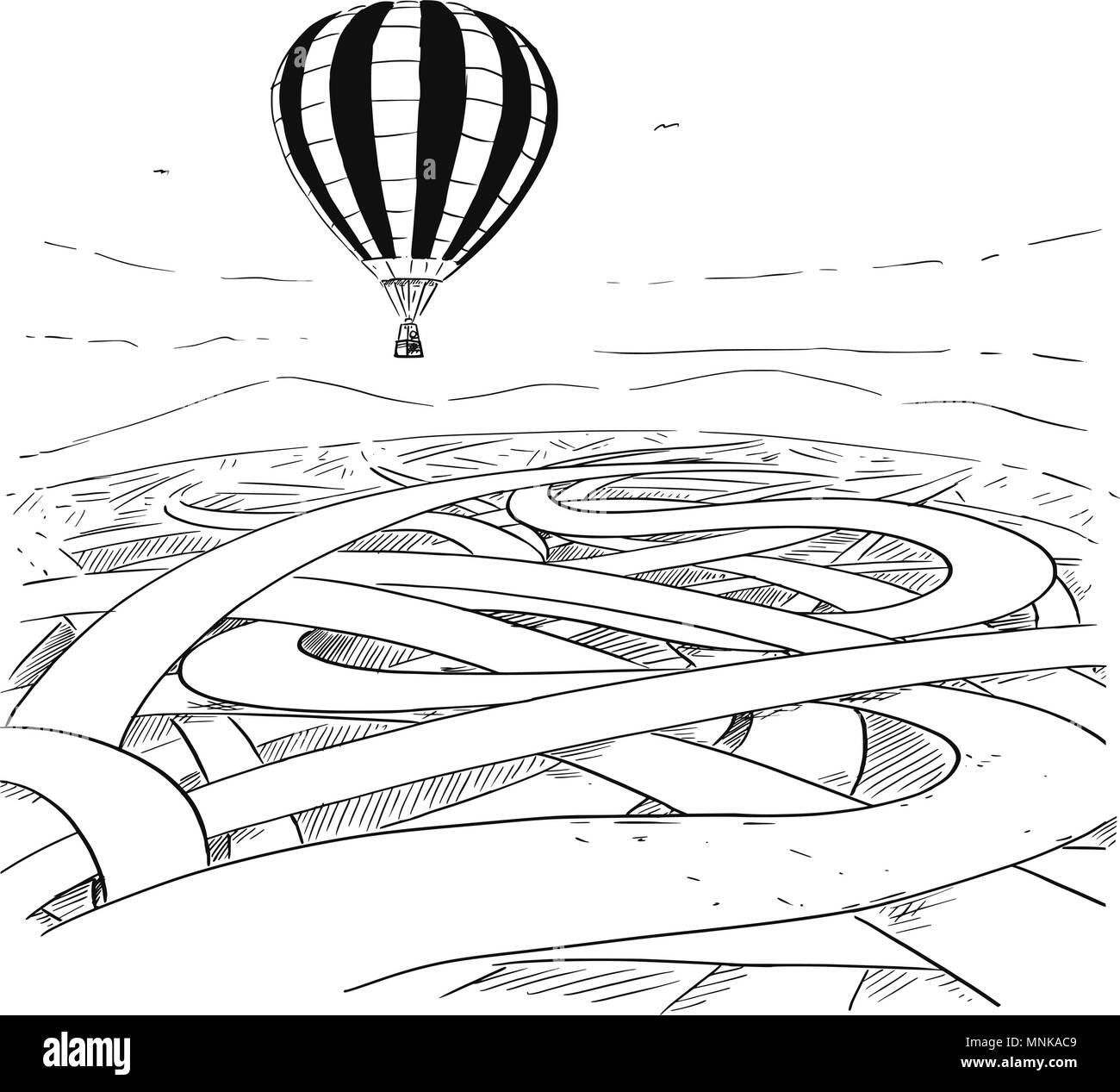 Business Cartoon des Heißluftballon über Labyrinth von Straßen so einfach Weg Stock Vektor