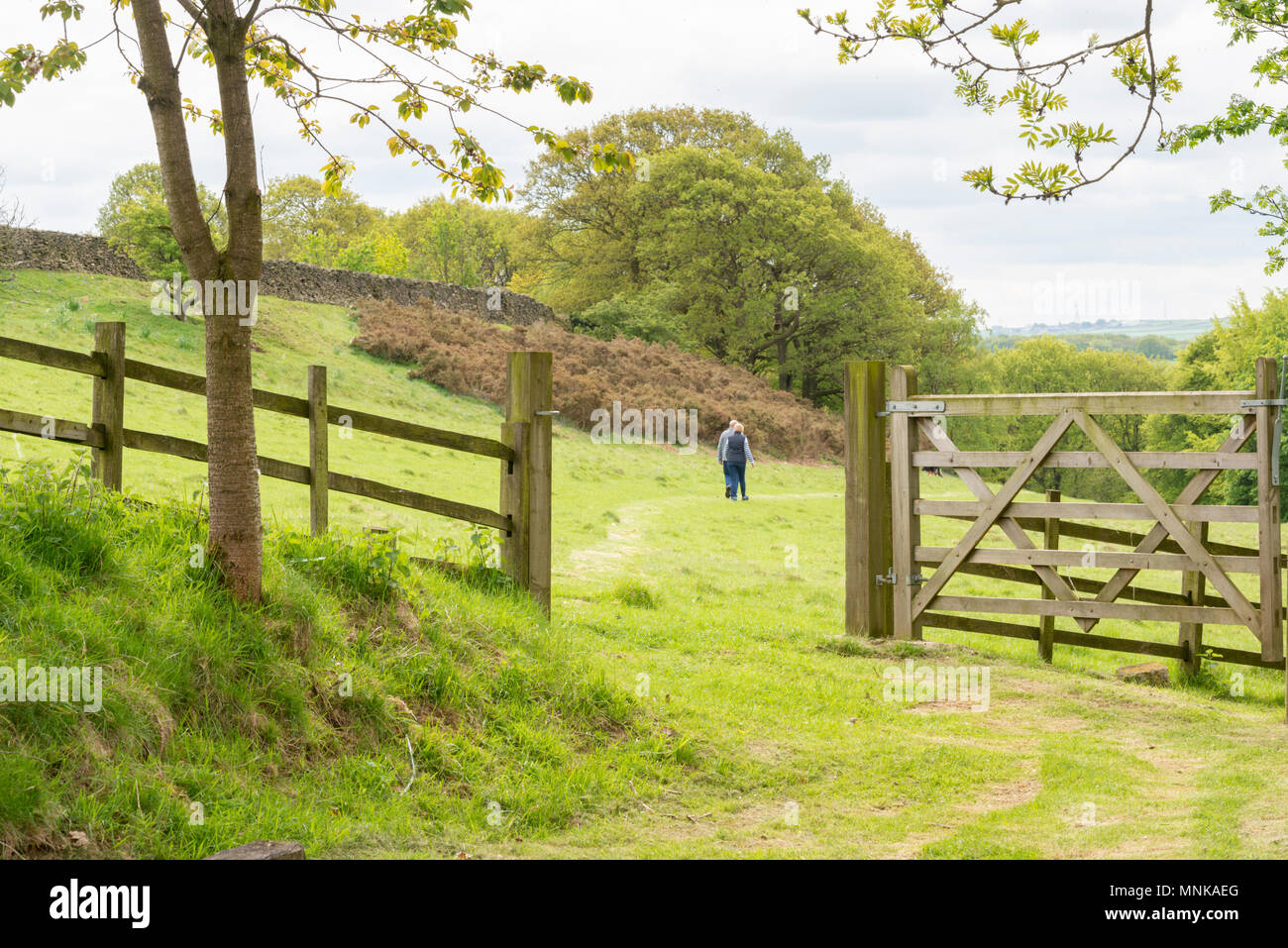 Menschen zu Fuß auf den Weg durch ein Tor in Margaret Holz, Obere Denby Yorkshire UK gesehen Stockfoto