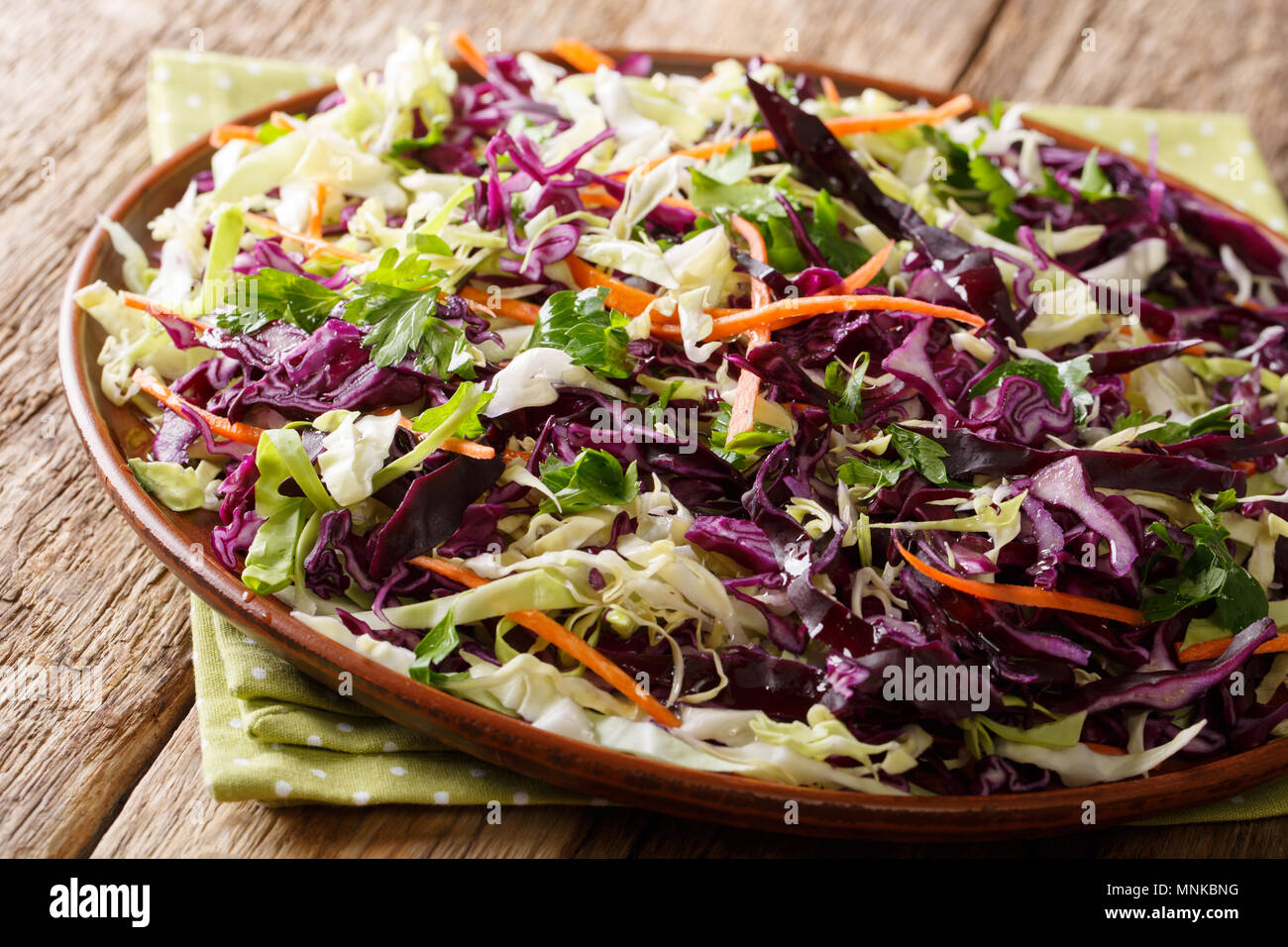 Gesundes Essen: Salat von Weiß- und Rotkohl mit Karotten, Kräuter mit Olivenöl close-up auf einem Teller. Horizontale Stockfoto