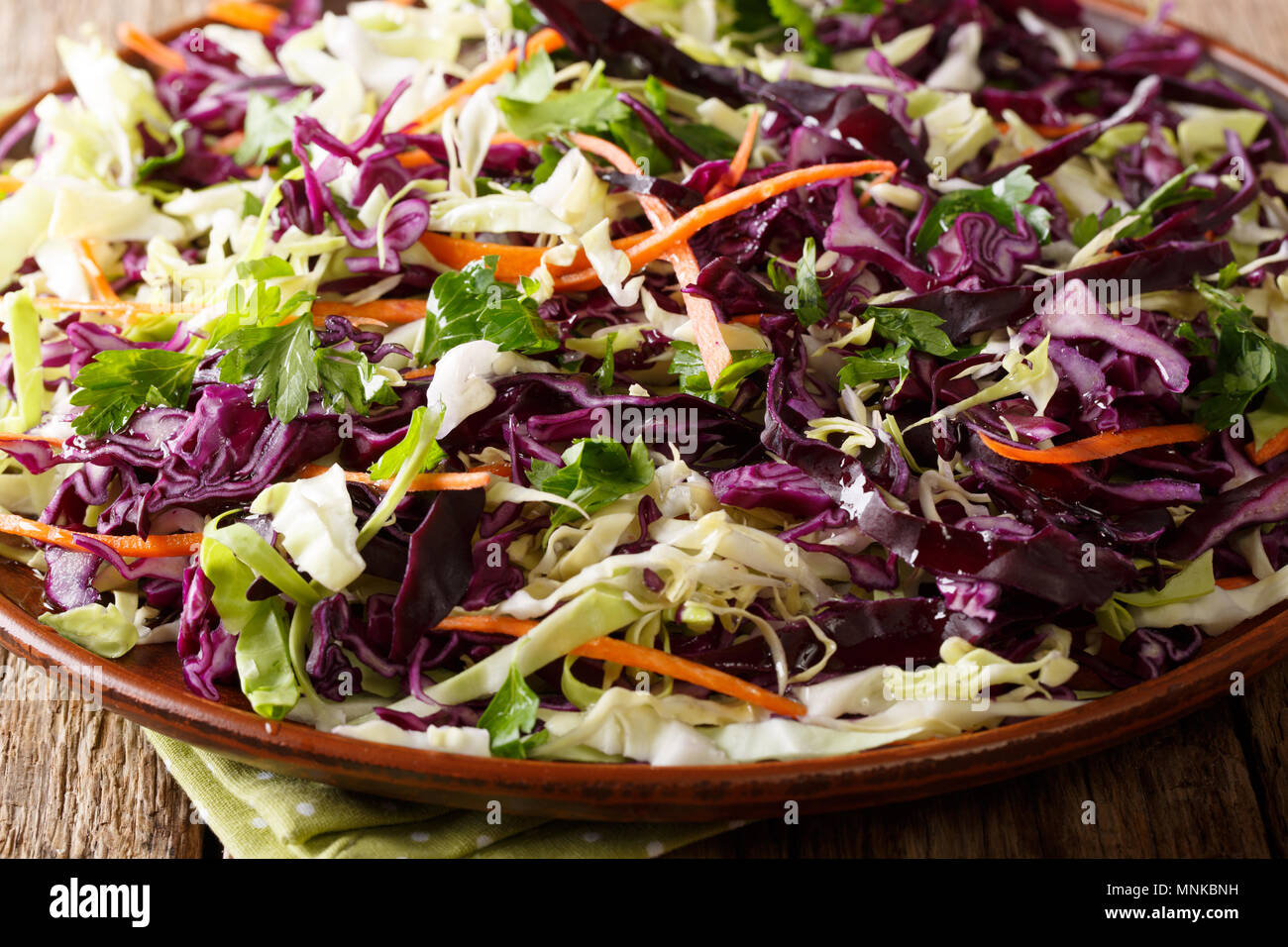 Frischer Salat von Weiß- und Rotkohl mit Karotten, Kräuter mit Olivenöl close-up auf einem Teller. Horizontale Stockfoto