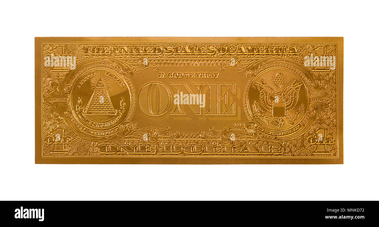 Single Gold Dollar Bill isoliert auf einem weißen Hintergrund. Stockfoto