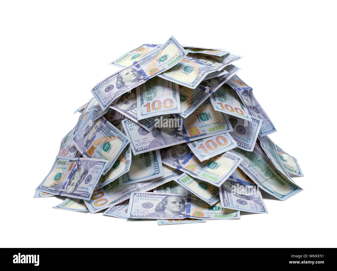 Kleiner Haufen von Hundert-euro-Scheine isoliert auf einem weißen Hintergrund. Stockfoto