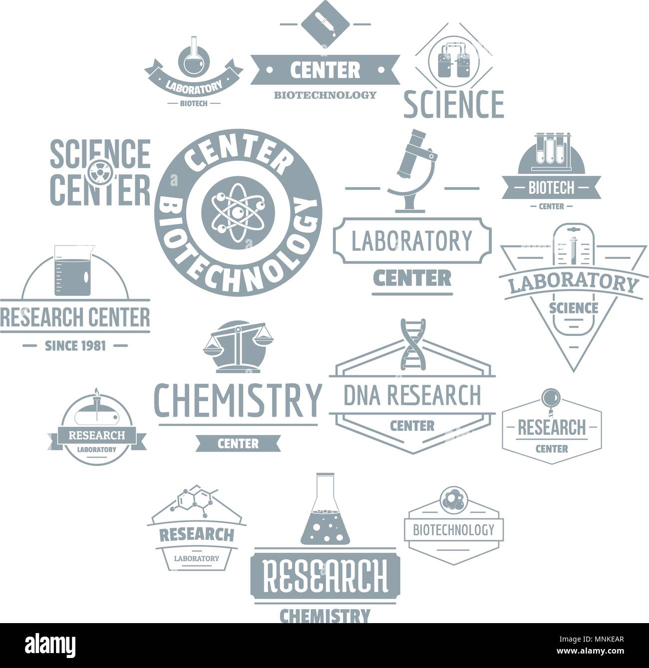 Chemische Wissenschaft logo Symbole gesetzt, einfachen Stil Stock Vektor