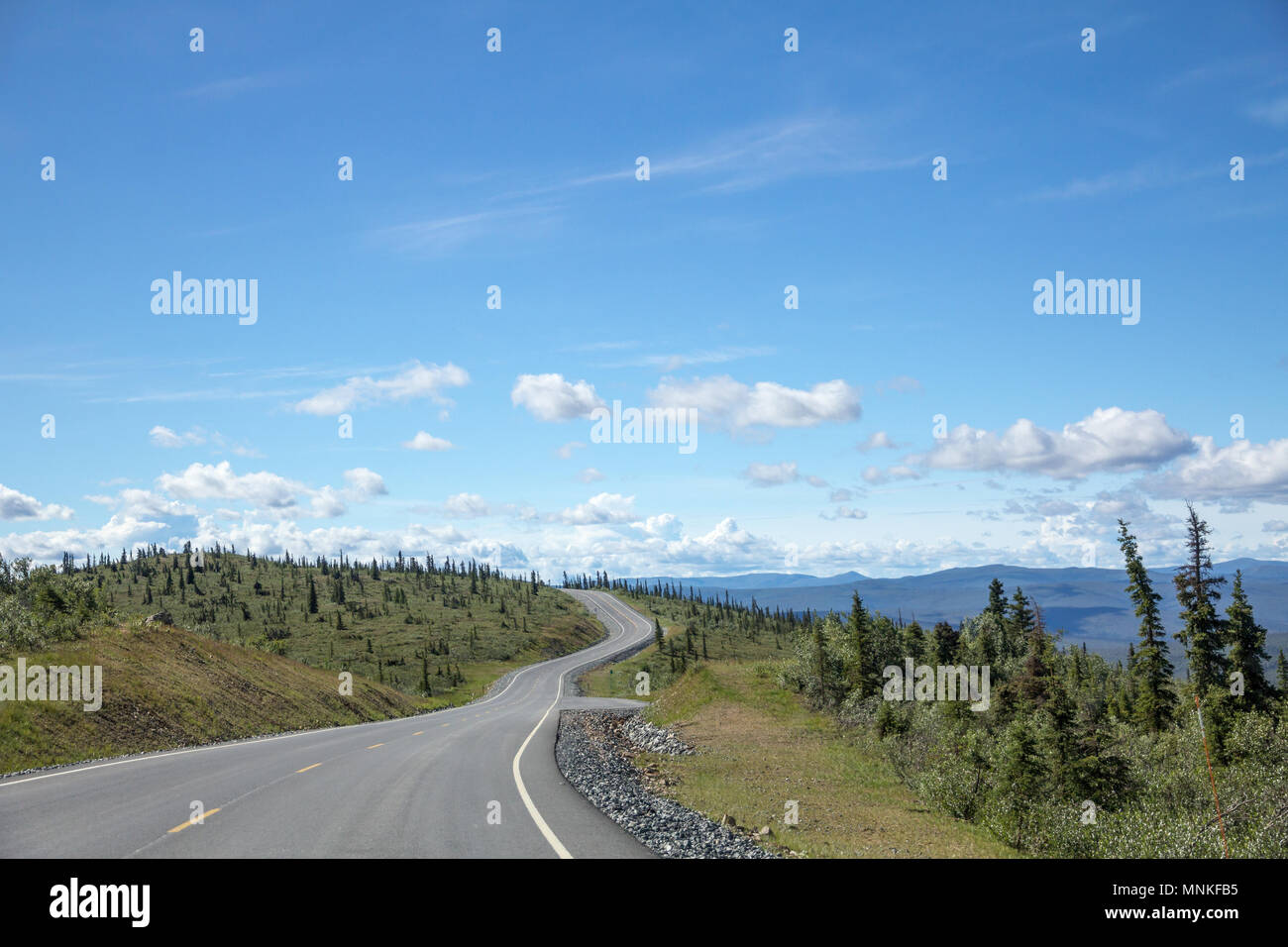 Mit dem passenden Namen "Dach der Welt" Highway links Huhn, Alaska mit Dawson City, Yukon. Wicklung entlang der Oberseite der Bergrücken Straße führt verkümmerten Wald Stockfoto