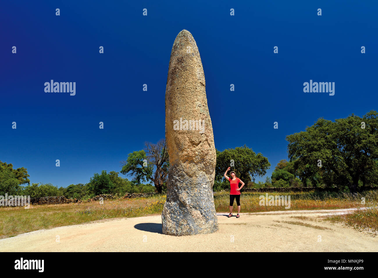 Frau auf der Suche nach einem riesigen megalithischen Standing Stone Stockfoto