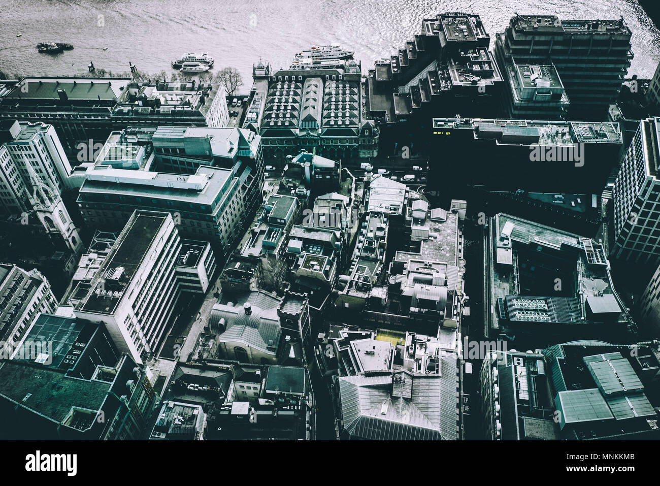 Die City von London auf der Suche nach unten aus dem Walkie Talkie Gebäude. Stockfoto