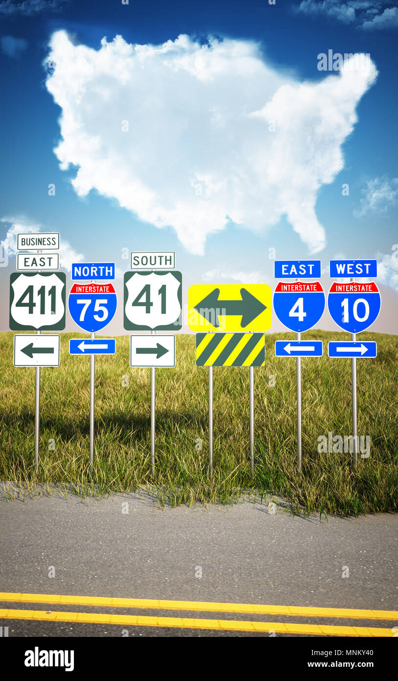 Cloud und Road Sign Konzept, Ziele, und die Wahl der richtigen Richtung, Verkehrszeichen, Traum, die Richtung zu gehen, Straßenschilder United States Stockfoto