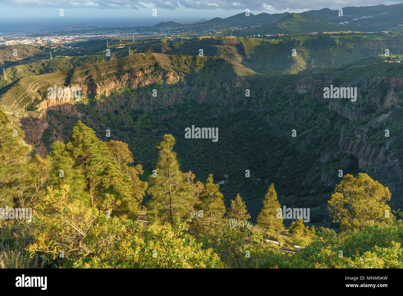 Sonnenuntergang Blick auf Caldera de Bandama, Gran Canaria, Kanarische Inseln, Spanien Stockfoto