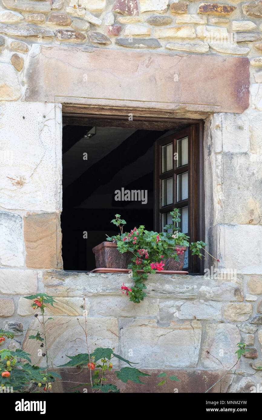 Original Stein Fensterrahmen mit Blumen, Durango, Vizcaya, Pais Vasco, Spanien, Stockfoto