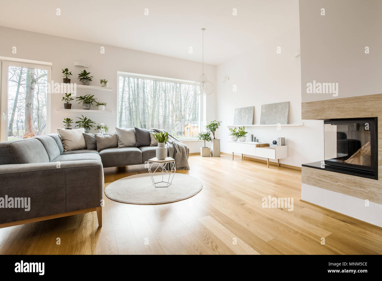 Graue Ecke Sofa Mit Kissen In Einfachen Wohnzimmer Einrichtung Mit Bildern Und Pflanzen Stockfotografie Alamy