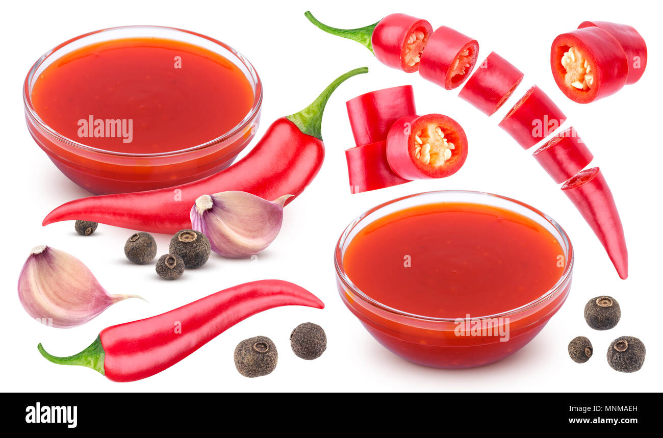 Chili Sauce Zutaten auf weißem Hintergrund mit Freistellungspfad isoliert Stockfoto