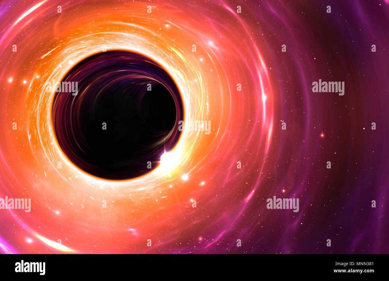 Schwarze Loch, Zeichnung. Ein Schwarzes Loch ist ein Objekt so kompakt (in der Regel eine KOLLABIERTE Stern), dass nichts seine Anziehungskraft entweichen kann. Noch nicht einmal Licht. Dieses schwarze Loch wird durch eine überhitzte Disc von Material umgeben, eine Akkretionsscheibe disc, macht es sichtbar. Die massive Schwerkraft ist auch in der Nähe der Wolke, oben rechts. Stockfoto