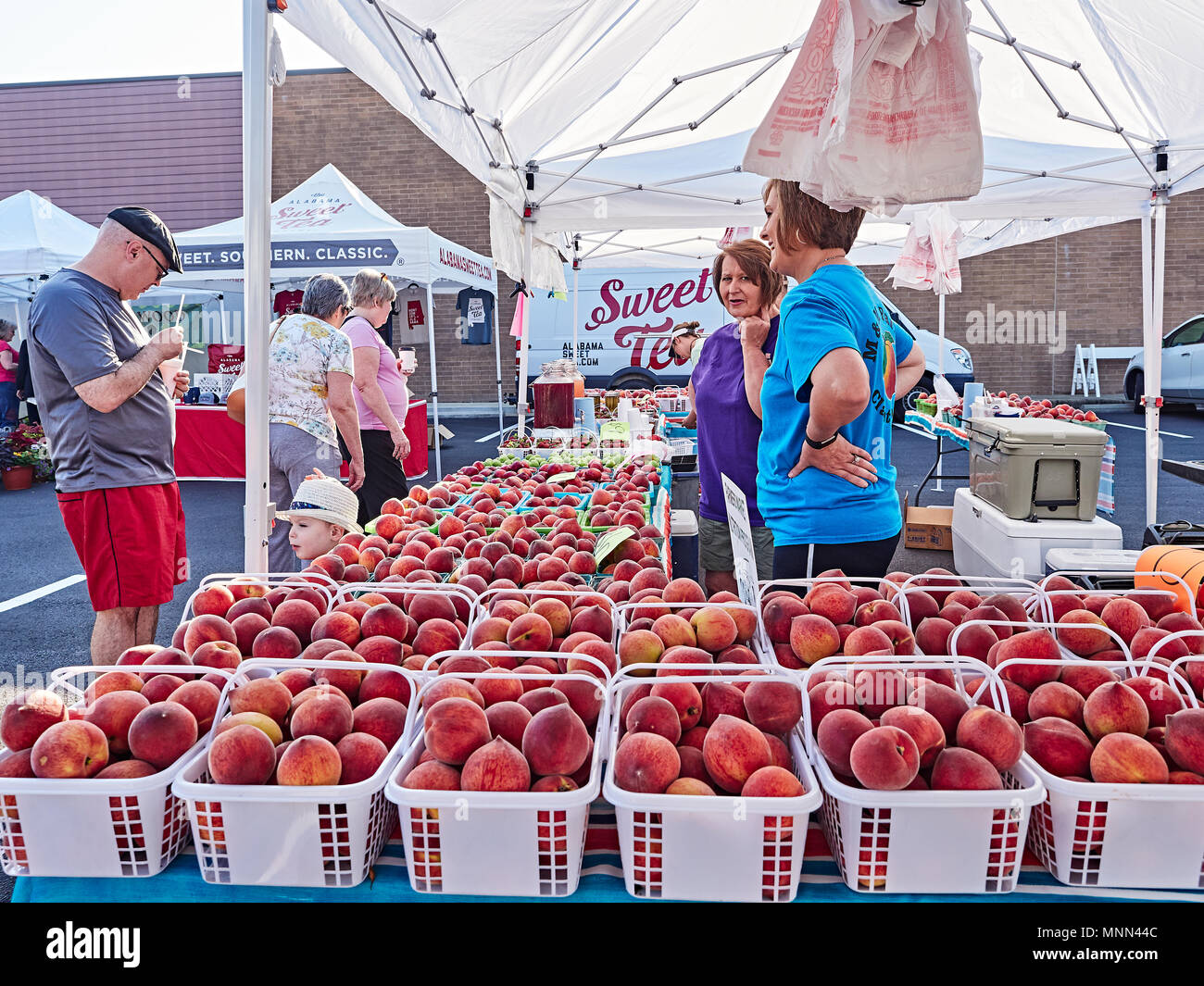 Zwei Frauen verkaufen frische Chilton County Alabama Pfirsiche zu einem männlichen Kunden bei einem lokalen Bauernmarkt in Montgomery Alabama, USA. Stockfoto