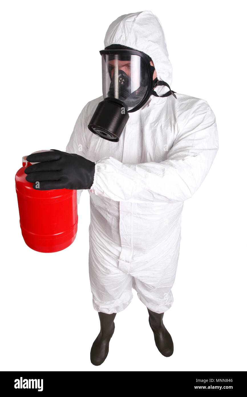 Mann im Anzug von chemischen Schutz isoliert auf weißem Stockfoto