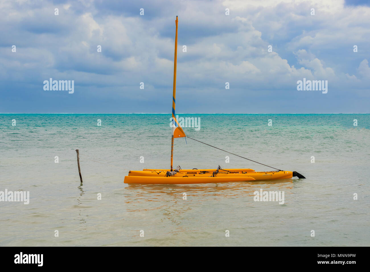 Karibik malerische Landschaft mit Katamaran von Caye Caulker Insel in Belize gesehen. Es ist eine kleine Insel in der Nähe von Ambergris Caye. Die Insel Stockfoto