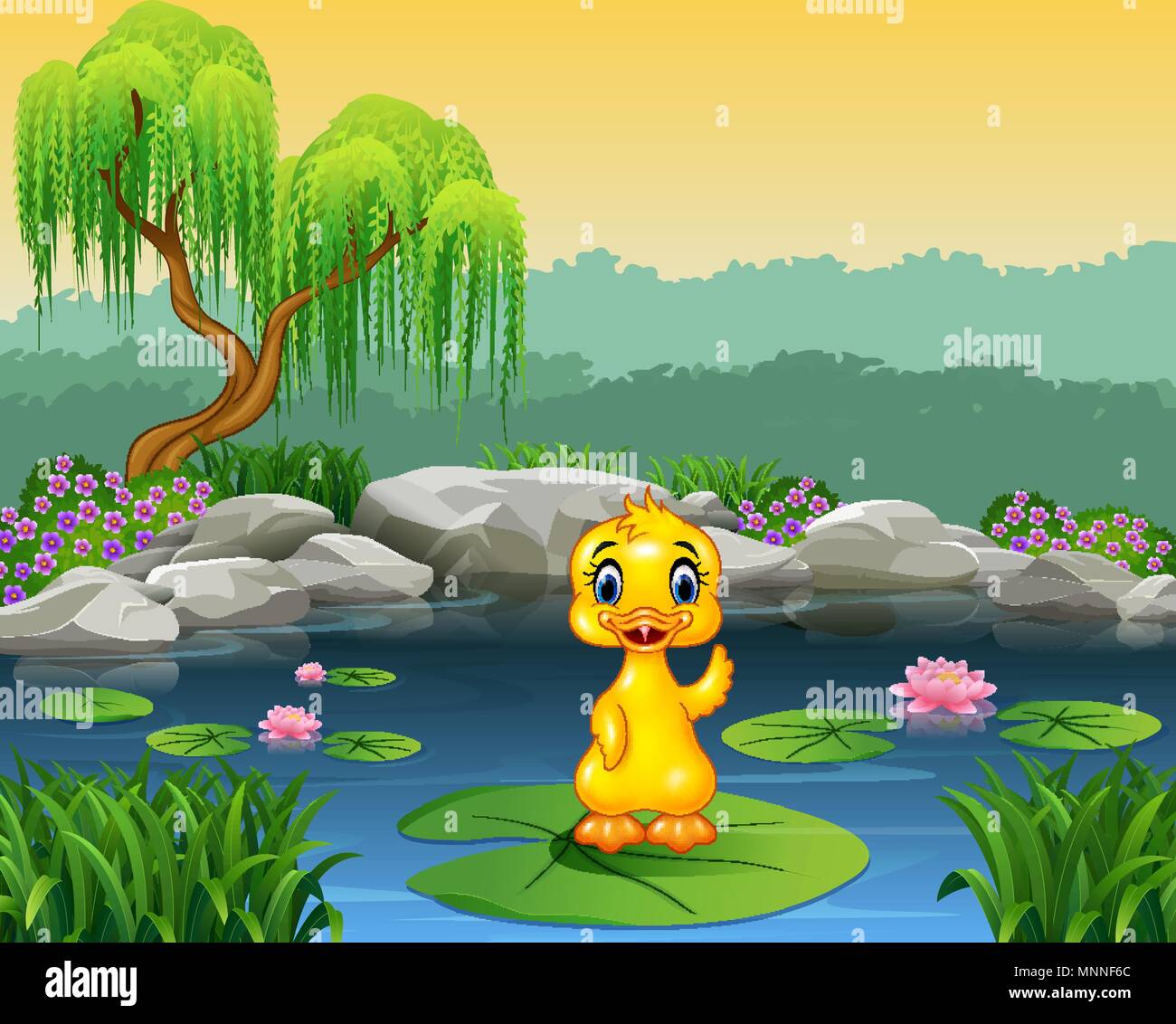 Niedliche Baby Ente auf dem Wasser Lilie winken Stock Vektor