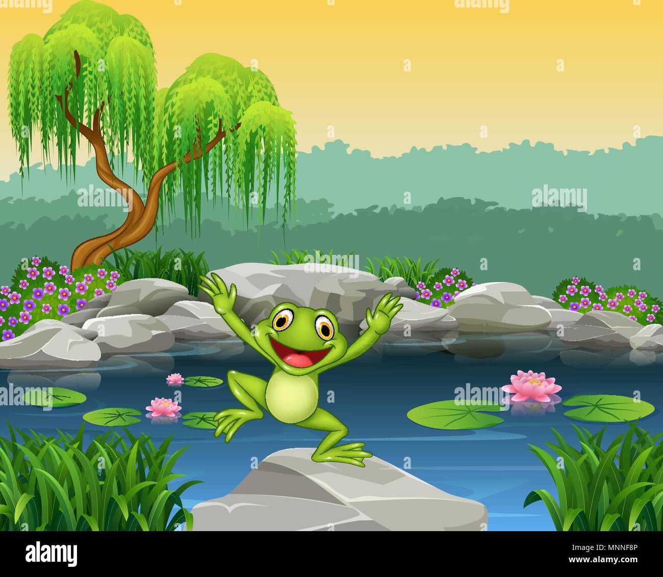 Cartoon glücklich Frosch springt auf dem Felsen Stock-Vektorgrafik - Alamy