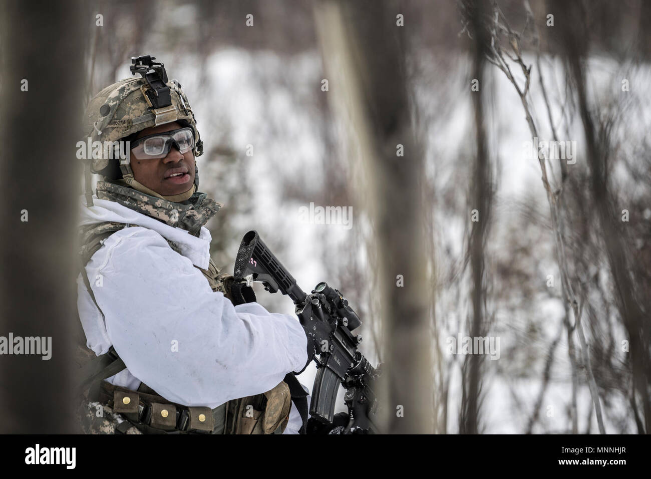 Us-Soldaten des 3.BATAILLON zugeordnet, 21 Infanterie Regiment in einer kombinierten Waffen Live Fire Übung während einer arktischen Bereitstellung von Stryker gepanzerte Fahrzeuge teilnehmen als Teil der US-Armee Alaska Joint Force Land Befehl Komponente zur Unterstützung der alaskischen Befehl übung Arctic Edge 18 unter der Aufsicht des US Northern Command am Ft durchgeführt. Greely, Alaska, 15. März 2018. Arctic Edge 2018 Ist eine Biennale, groß angelegte, gemeinsame - Training, Vorbereitung und Tests, die Fähigkeit des US-Militärs taktisch in extremer Kälte zu bedienen - Wetter in arktischen Umgebungen gefunden. Stockfoto