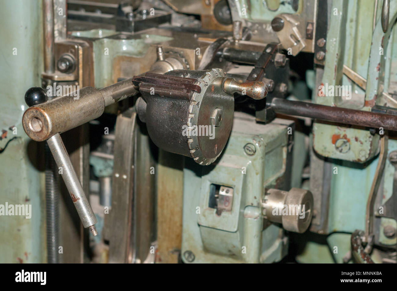 Linotype Maschine, Modell der Klägerin H 121, Stern & Co, Girona City History Museum, Girona, Katalonien, Spanien Stockfoto