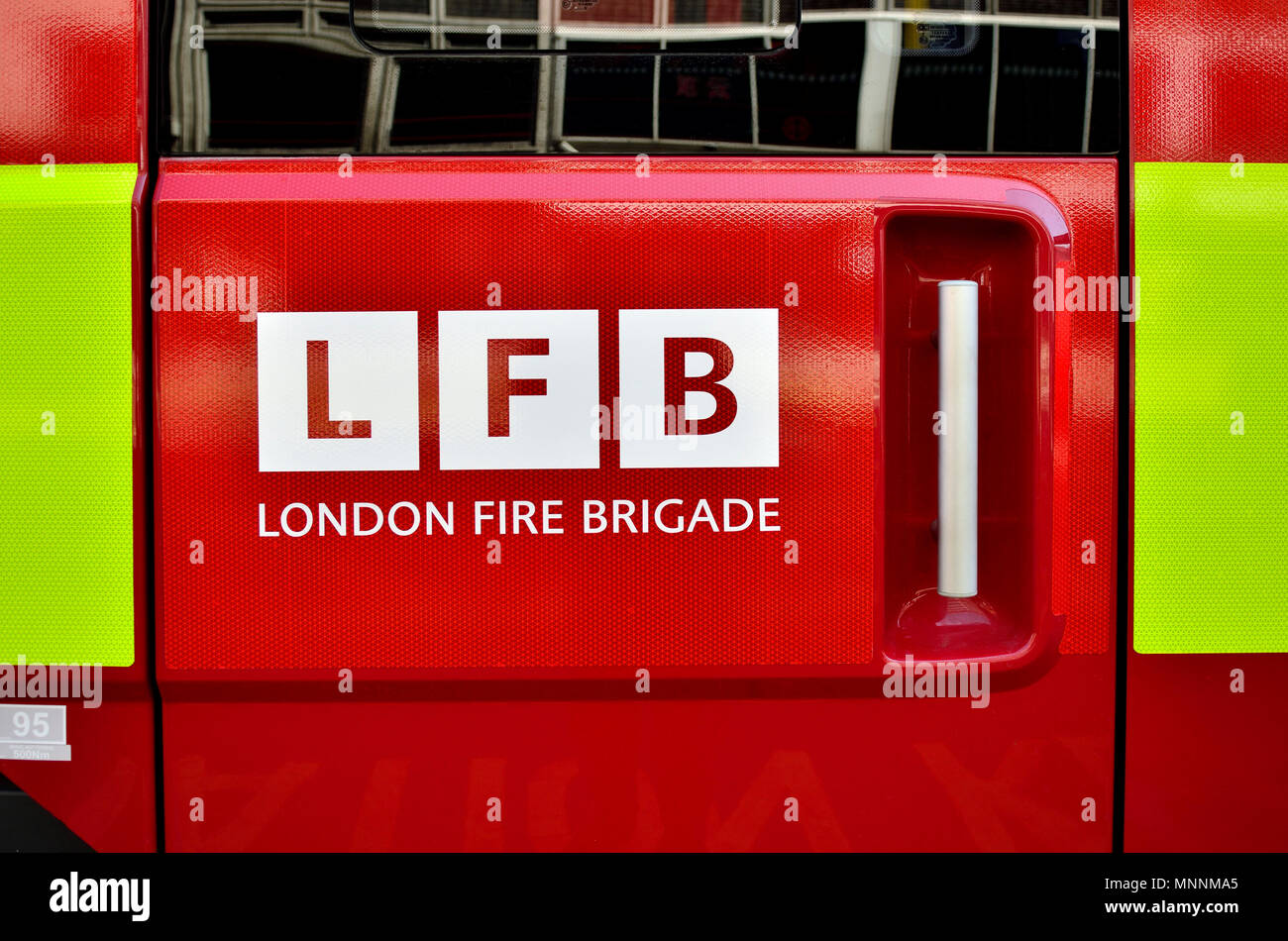 Detail der Londoner Feuerwehr Fire Engine, Central London, England, UK. Stockfoto