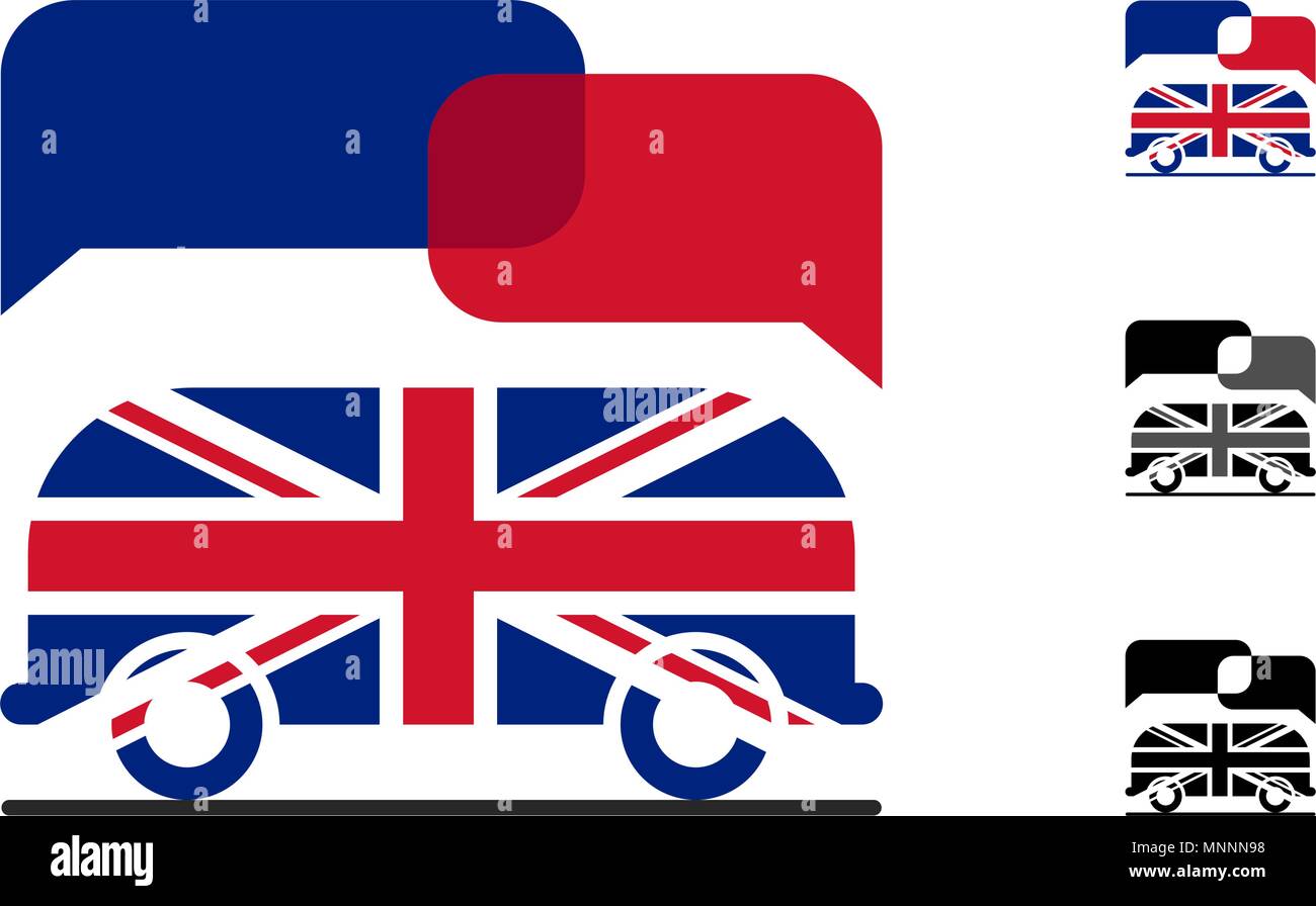 Britische Flagge auf dem Bus mit Platz für Name des Unternehmens. Zeichen von England. Symbolik von London. Einstellen Stock Vektor