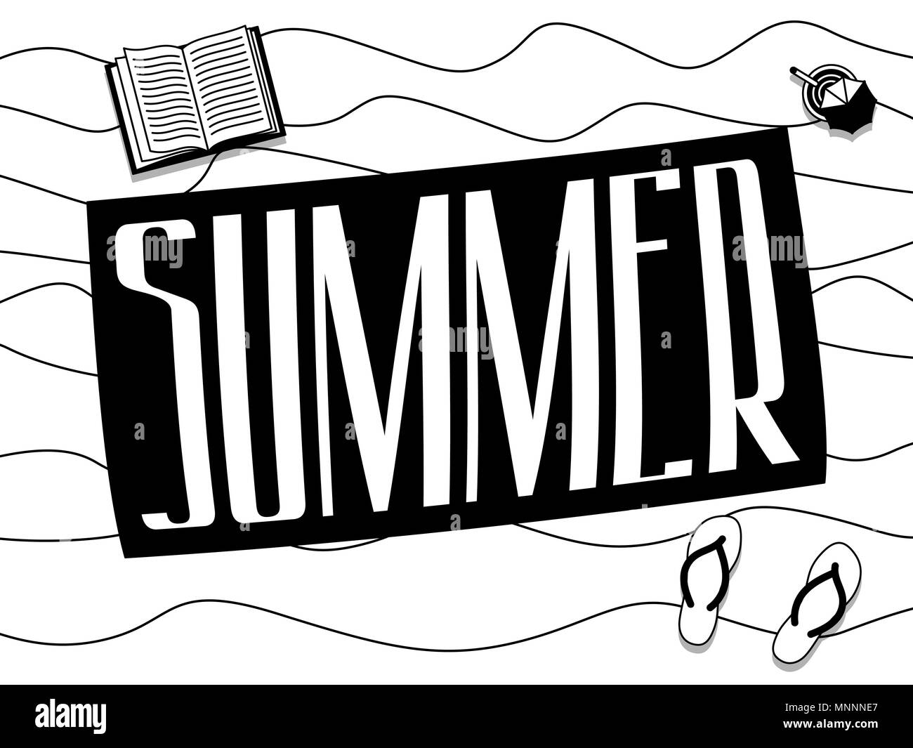 Strandtuch mit Beschriftung im Sommer auf Sand. In der Nähe von Buchen, Sandalen, Cocktail. Poster, Sommer. Schwarzweiß Stock Vektor