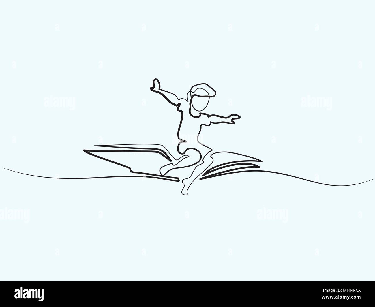 Junge fliegen auf Buch in den Himmel Stock Vektor