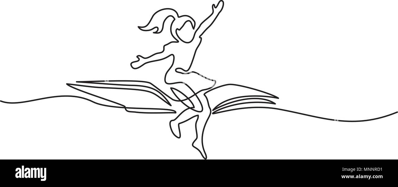 Kleines Mädchen fliegen auf Buch in den Himmel Stock Vektor