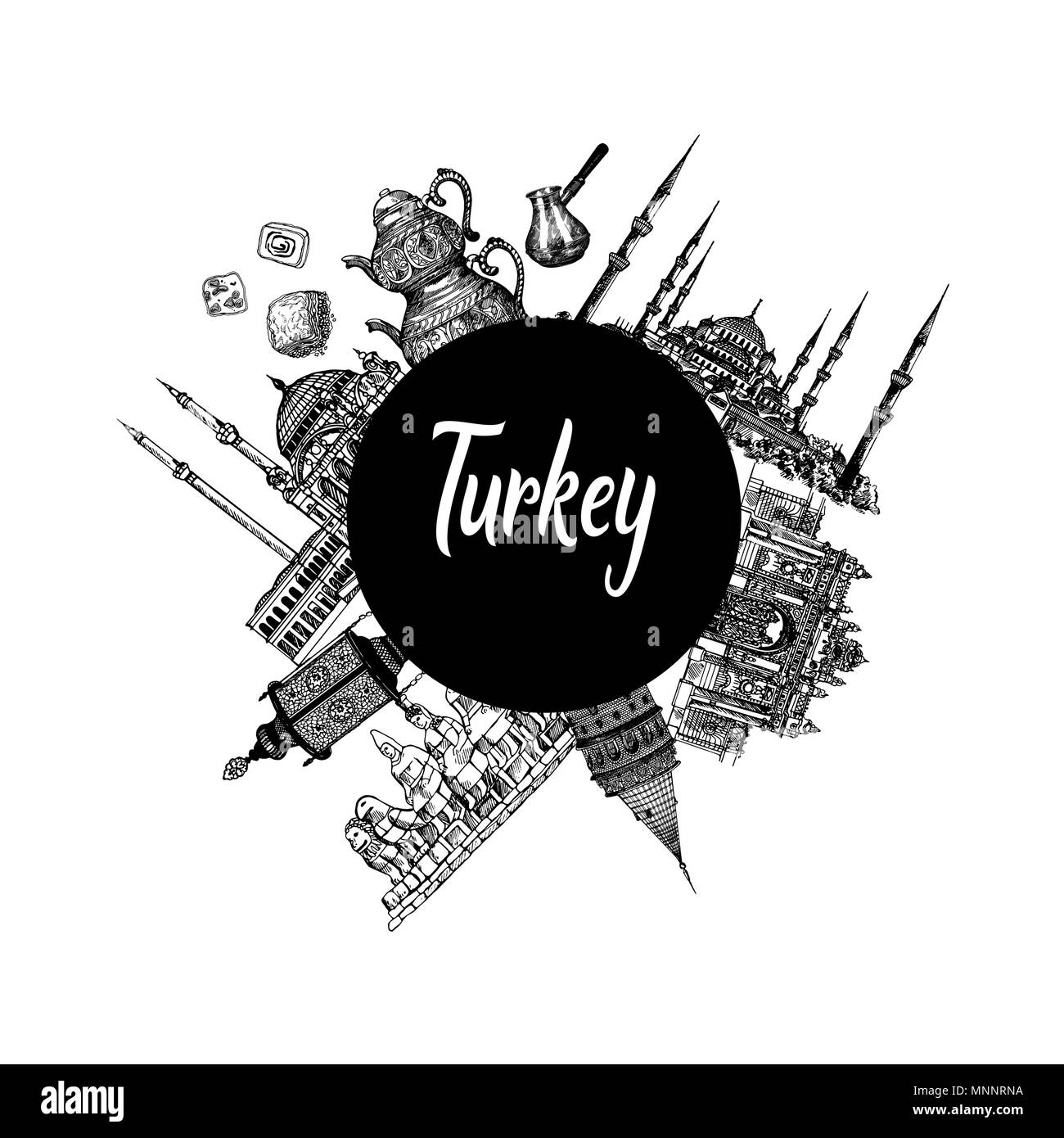 Zusammensetzung von Hand gezeichnete Skizze Stil der Türkei ähnliche Objekte auf weißem Hintergrund. Vector Illustration. Stock Vektor