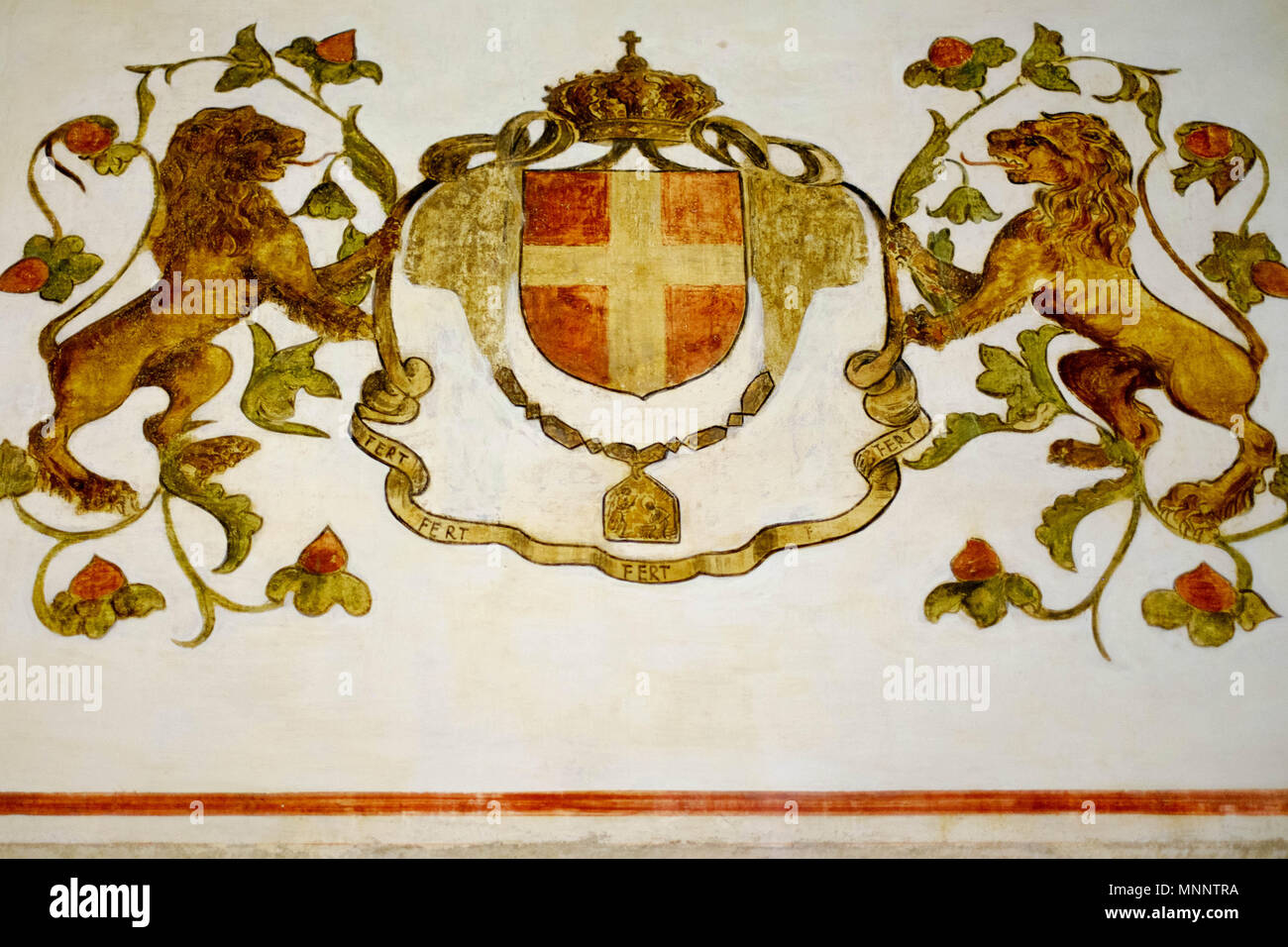 Ein Wappen in der mittelalterlichen Burg von Marostica im Veneto in Norditalien. Das Schloss und das Museum ist ein Muss - Besuch in dieser Stadt. Stockfoto