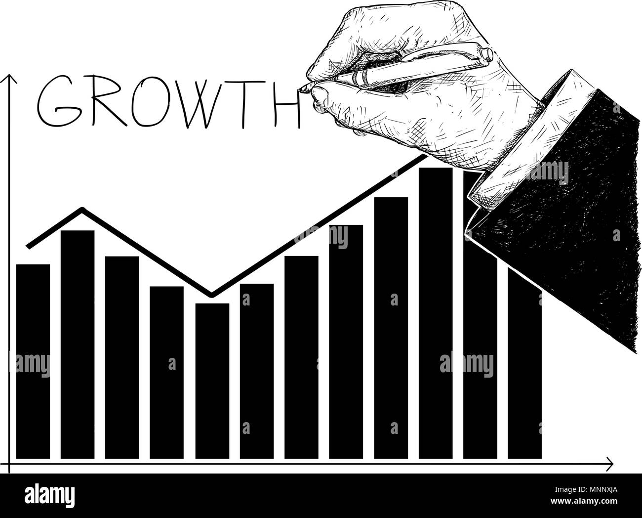 Cartoon des Histogramms finanzielle Tabelle oder Grafik und Hand Schreiben Wort Wachstum Stock Vektor