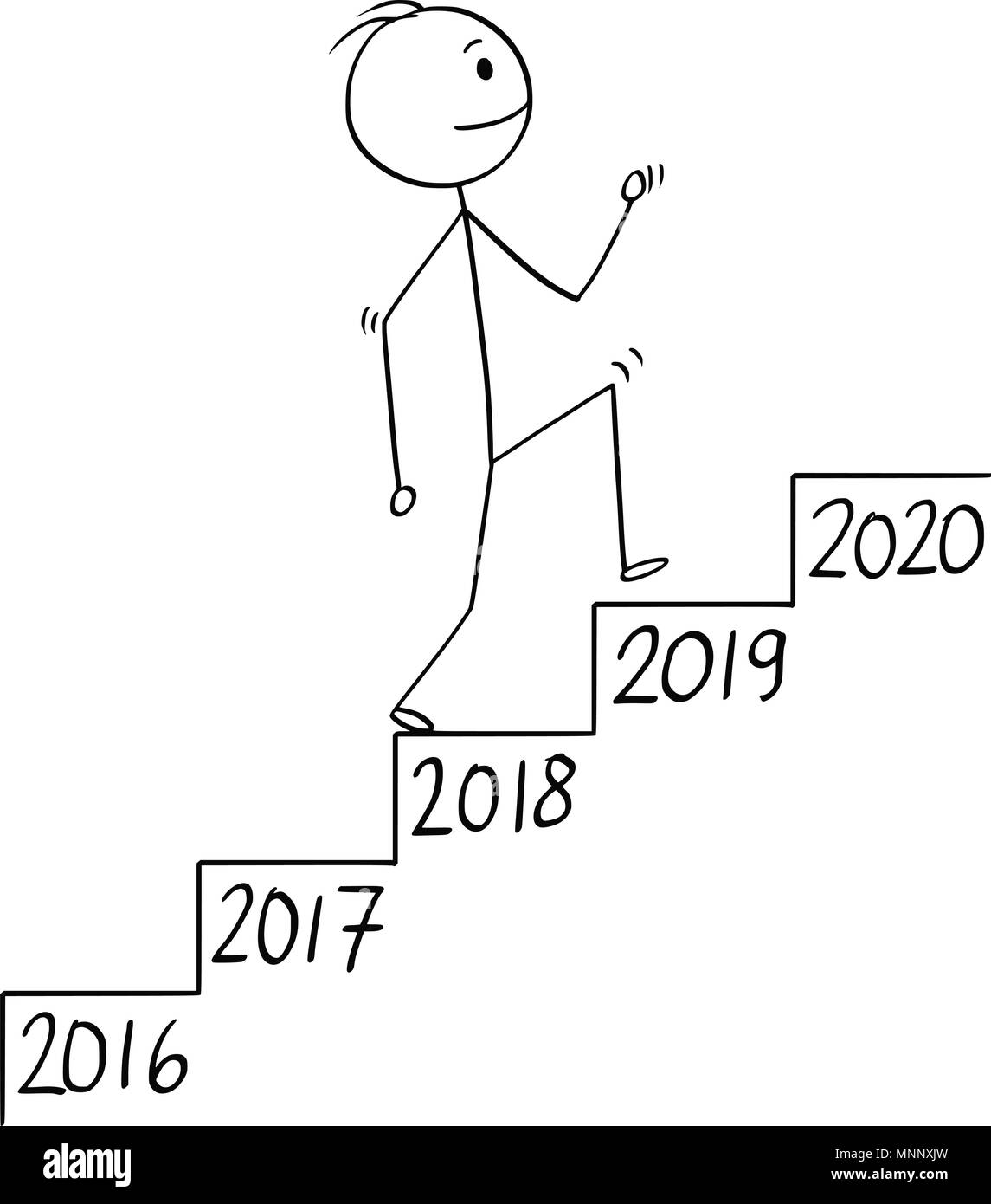 Cartoon von Mann oder Geschäftsmann zu Fuß die Treppe hinauf, Metapher des Wachstums in der Zeit Stock Vektor