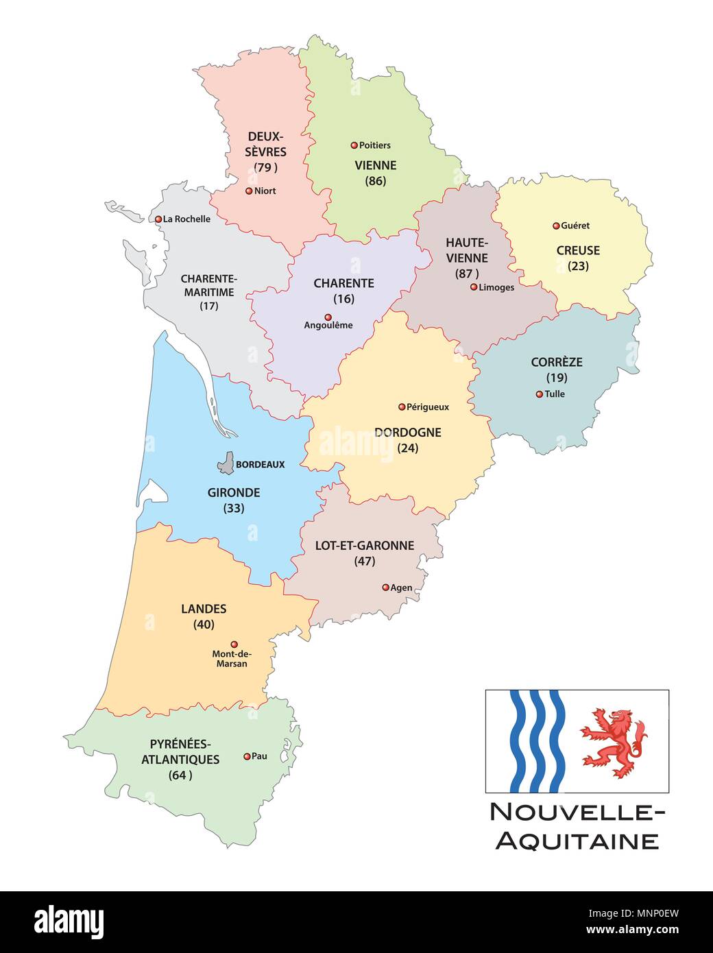 Und politische Vektor Karte der region Nouvelle-Aquitaine mit Fahne, Frankreich Stock Vektor