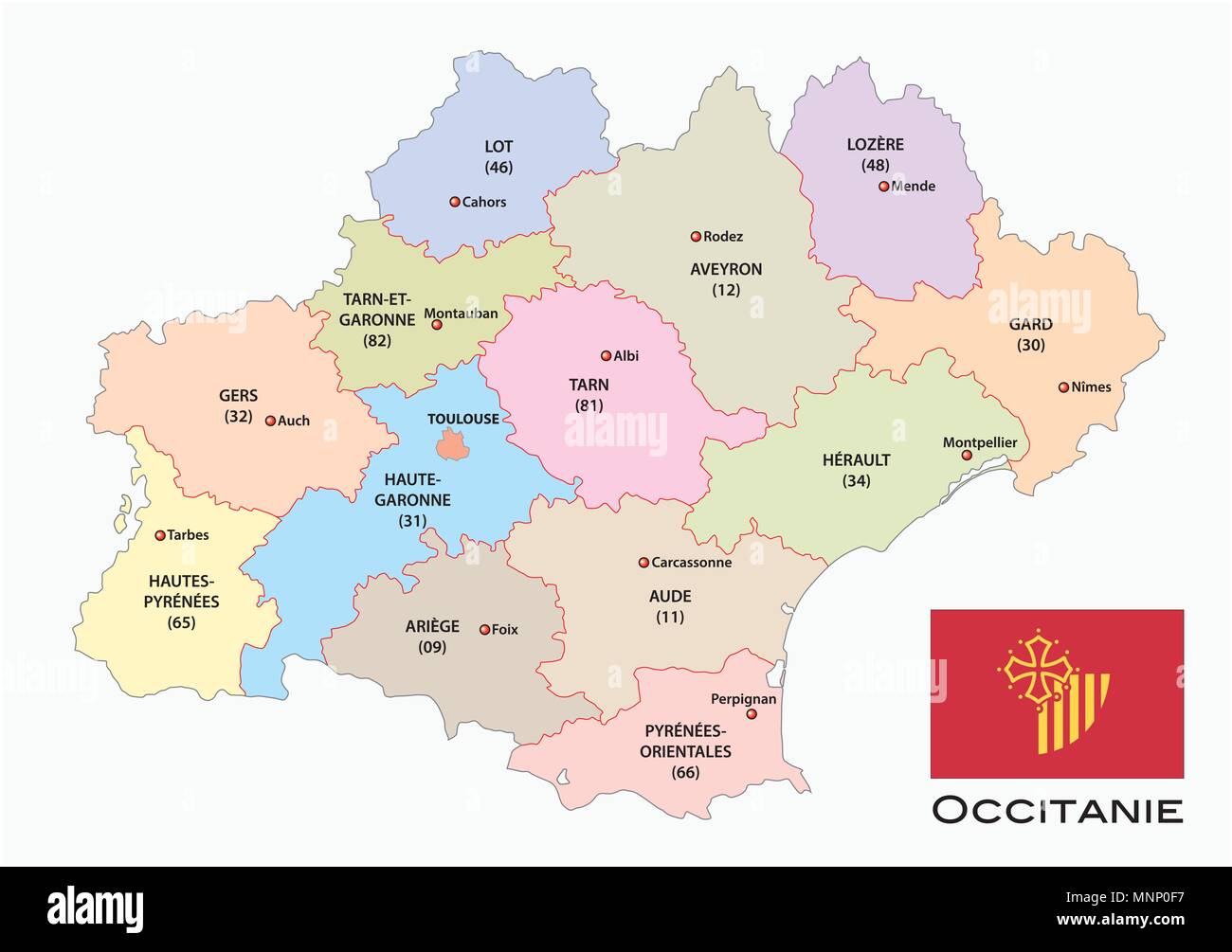 Administrative und politische Vektorkarte des occitanie Region mit Fahne, Frankreich Stock Vektor
