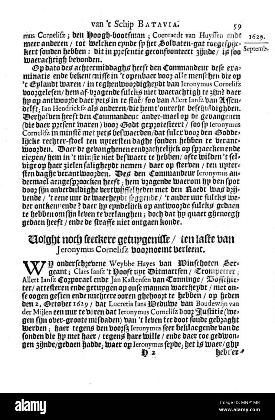 . Inhaltsangabe == Dies ist eine Seite aus dem Jahre 1647 Niederländische buch Ongeluckige voyagie, van't schip Batavia (' Pech Reise des Schiffs Batavia"). Kategorie: Ongeluckige voyagie, van't schip Batavia]]. 1647. Die Arbeit ist nominell von Jan Jansz, ist aber tatsächlich eine dritte Person tranposition des Journals von Francisco Pelsaert. 942 Ongeluckige voyagie Vantgarde schip Batavia (Seite 59). Stockfoto