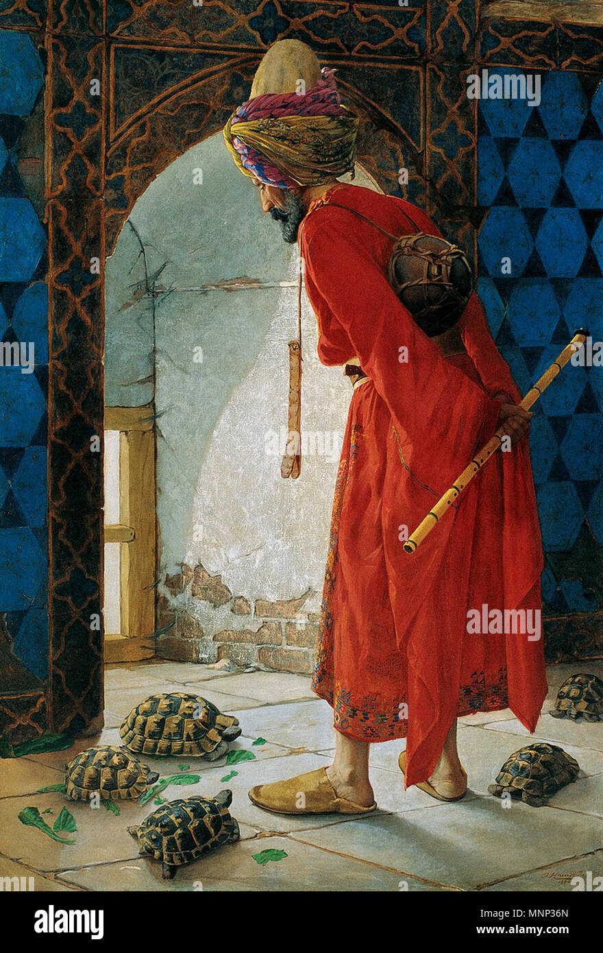 Die Schildkröte Trainer. Englisch: Schildkröte Trainer; Öl auf Leinwand, 221,5 x 120 cm. Nach der modernen Forscher (Bettelheim, Matthew S. und Ertan Taskavak. 2006. Die Schildkröte und der Tulpe - Testudo graeca Ibera und Osman Hamdi Bey's" Die Schildkröte Trainer". Bibliotheca Herpetologica. 6 (2): pp 11-15.), die Tiere dargestellt werden, Testudo graeca Ibera, eine Vielzahl der Sporn - thighed Schildkröte Türkçe: "Kaplumbağa Terbiyecisi" Русский: "Дрессировщик черепах'. 1906. 948 Osman Hamdi Bey 001 7/8 Stockfoto