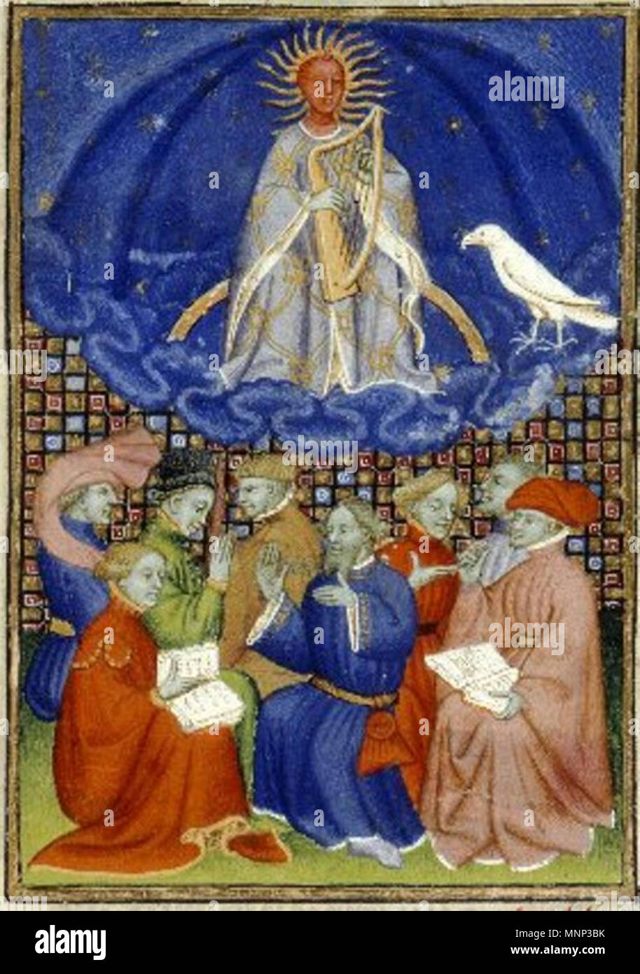 . Apollo, sitzen auf einem Regenbogen, spielt die Harfe für drei Männer unten stehend. 15. Jahrhundert. Anonym 949 Othea der Epistel (Queen's Manuskript) 09. Stockfoto . Apollo, sitzen auf einem Regenbogen, spielt die Harfe für drei Männer unten stehend. 15. Jahrhundert. Anonym 949 Othea der Epistel (Queen's Manuskript) 09. Stockfoto
