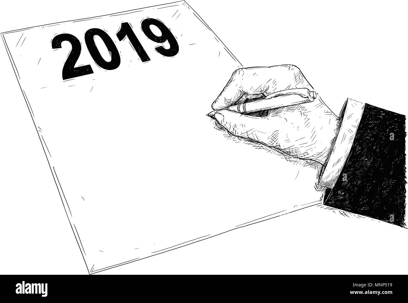 Vektor Künstlerische Zeichnung Abbildung von Hand zu schreiben oder Zeichen Dokument mit 2019 text Stock Vektor