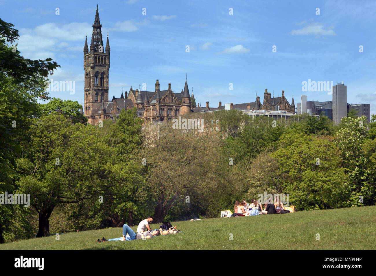 Glasgow, Schottland, Großbritannien, 19. Mai.de Wetter: sonnig Wetter über die Stadt die Einheimische und Touristen in die Straßen brachte für die Hähne aff Wetter. Als die königliche Hochzeit wurde von frühen Nachtschwärmer, die die Sonne in der Kelvingrove Park ignoriert. Gerard Fähre / alamy Nachrichten Stockfoto