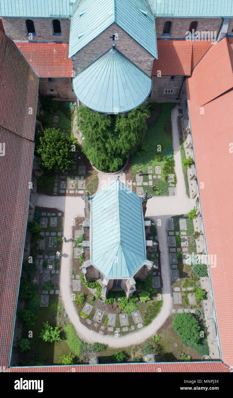 15. Mai 2018, Deutschland, Hildesheim: eine Luftaufnahme der legendären 1000-jährige pedicle am Hildesheimer Dom. Der Bischof kündigte an, dass die Wild Rose Bush seine volle Blüte zu Pfingsten Wochenende erreichen wird. Nach der Befreiung, der Sohn Karls des Großen konnte nicht ein reliquiar aus der Rosen. Stattdessen befahl er eine Kapelle, die später in eine Kathedrale zu bauen. In der Tat sind Forscher haben nachgewiesen, dass das pedicle nicht älter als 700 Jahre sein könnte. Foto: Julian Stratenschulte/dpa Stockfoto